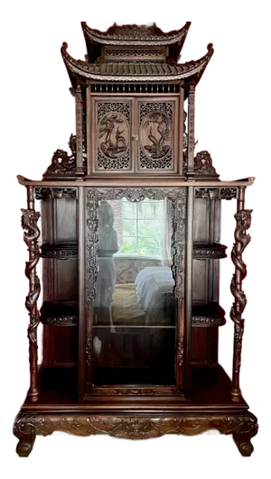 Early 20th Century Profusely Carved, Rosewood Display Cabinet in the Orientalist Style