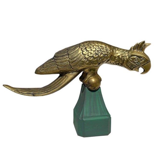 Early 20th Century Large Vintage Brass Cockatoo or Parrot Bird Sculpture on Green Wood Base For Sale - Image 4 of 7