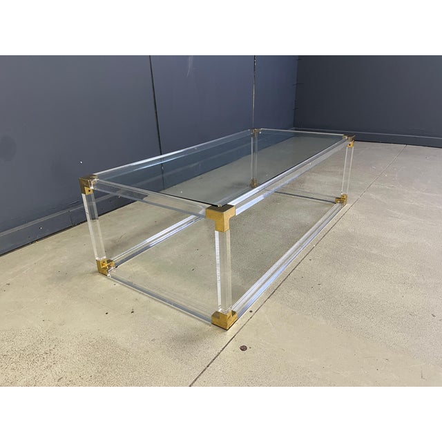 Brown Vintage Brass and Acrylic Glass Coffee Table attributed to Charles Hollis Jones, 1970s For Sale - Image 8 of 13