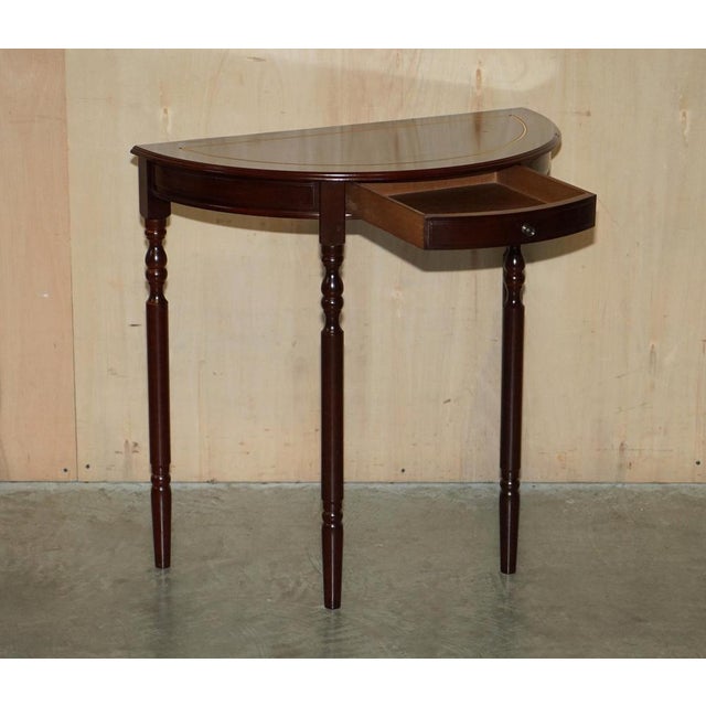 Vintage Demi Lune Console Table with Single Drawer in Flamed Hardwood For Sale - Image 16 of 18