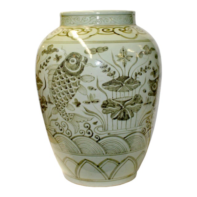 Gray Off White Flowers Fishes Graphic Fat Round Ceramic Vase For Sale