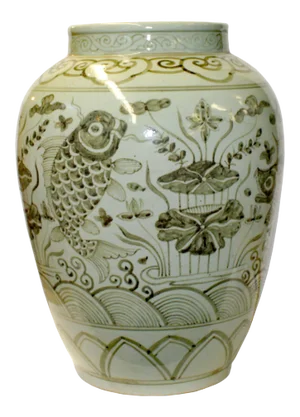 Gray Off White Flowers Fishes Graphic Fat Round Ceramic Vase