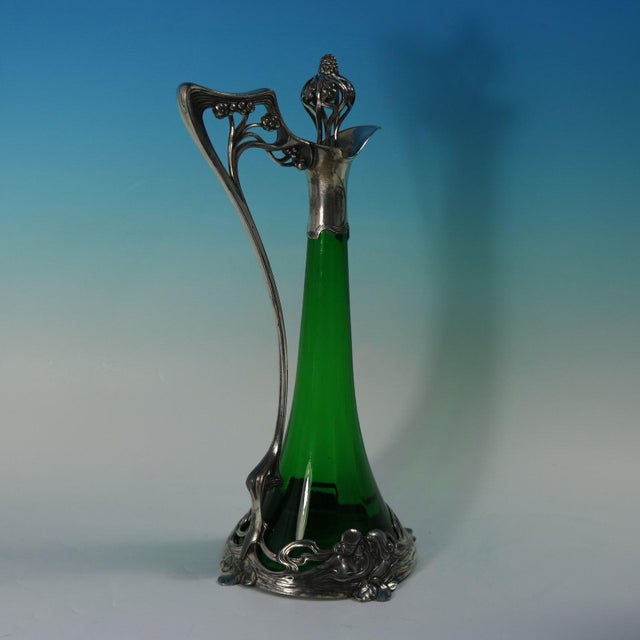 1910s Art Nouveau WMF Claret Jug and Stopper With Green Glass Liner For Sale - Image 4 of 13