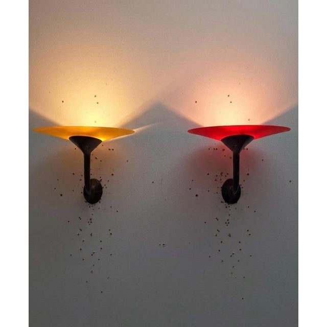 Postmodern Wall Lamps in Red and Yellow Satin Glass with Black Lacquered Metal Structure, Italy, 1980, Set of 2 For Sale - Image 17 of 17