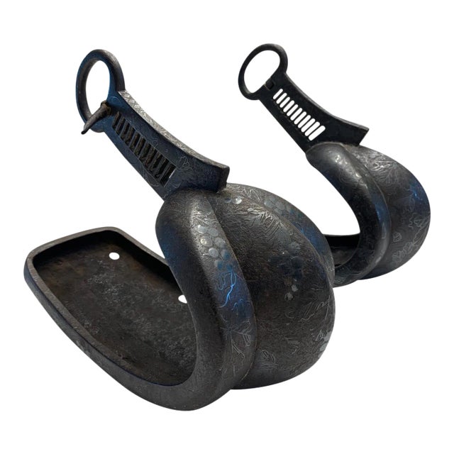 Antique Japanese Iron Stirrups with Silver Inlay Signed - Pair For Sale