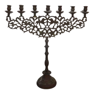 Vintage Rustic Bronze Seven Candle Menorah With Lions Motif