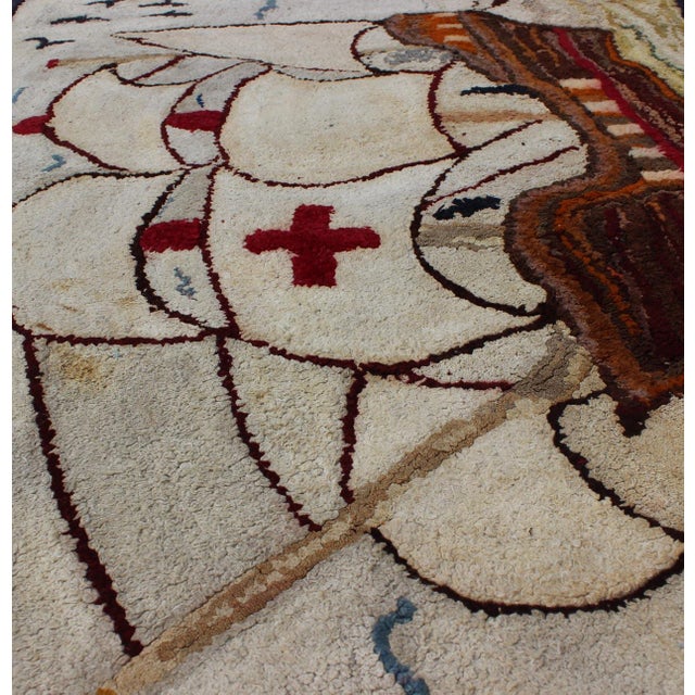 Textile Pictorial Antique American Hooked Rug With Knights Templar Ship at the Sea Antique American Hooke 2'4"x2'11" For Sale - Image 7 of 8