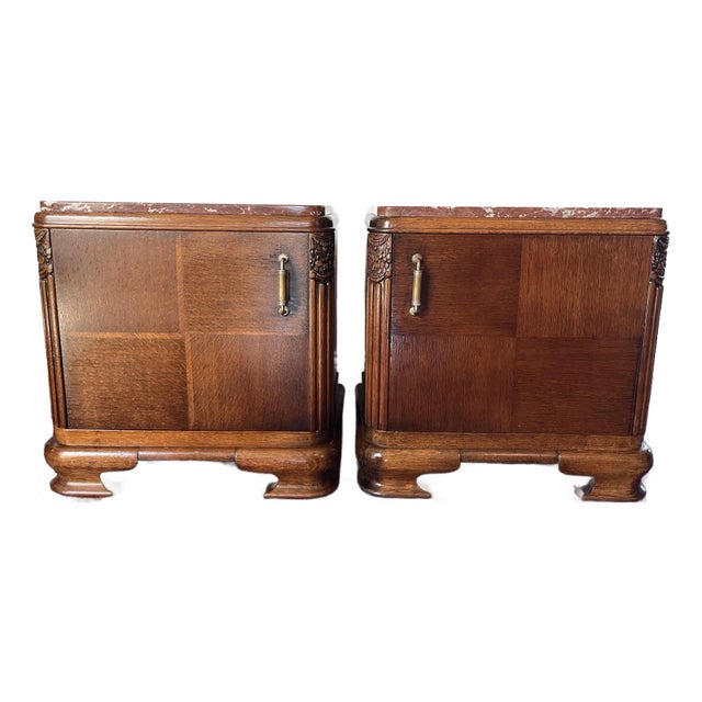 Pair of French Style Art Deco Marble Top Night Stand, Bedside Table For Sale