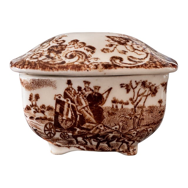 Miniature Brown Transferware Covered Dish Trinket Size For Sale