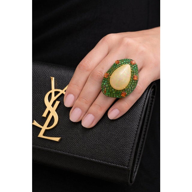 Gemstone Bochic “Capri” Vintage Emerald, Opal & Orange Sapphire Cocktail Ring — 18K Gold For Sale - Image 7 of 11