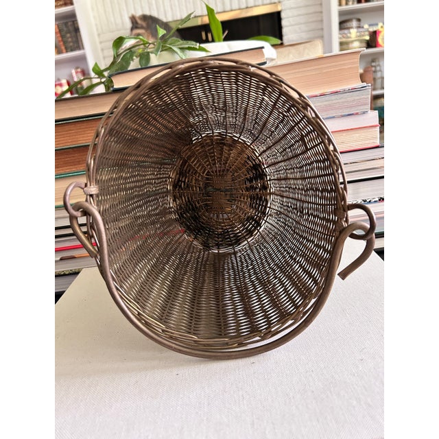 Vintage Solid Brass Woven Basket With Swing Handles For Sale - Image 11 of 12