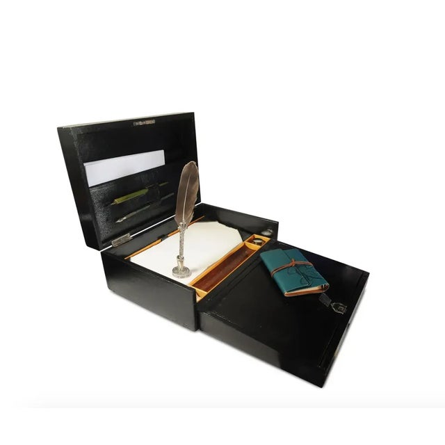 Victorian Glossy Black Leather Extending Correspondence Box / Writing Slope with Black Tooled Leather Interior, Set of 6 For Sale - Image 6 of 8