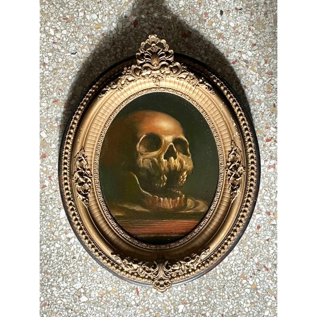Vintage Skull Oil Painting in Ornate Frame For Sale - Image 12 of 12
