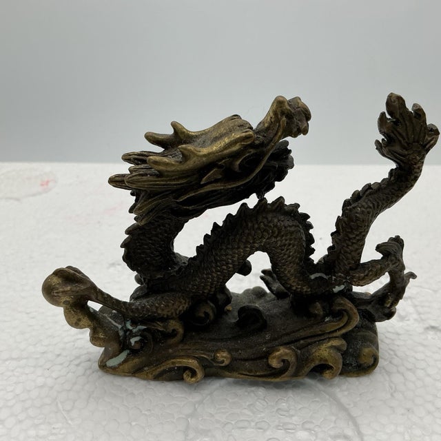 Chinese Vintage Chinese Bronze Dragon Sculpture on Waves 3” Detailed Asian Figurine For Sale - Image 3 of 6