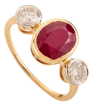 2.83 Ct Mozambique Oval Ruby & Diamond Three Stone Ring in 14k Yellow Gold Size 6