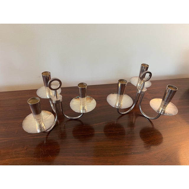 Mid-Century Modern Pair of Mid 20th Century Tommi Parzinger Candle Holders Silver Plated Candelabra For Sale - Image 3 of 7