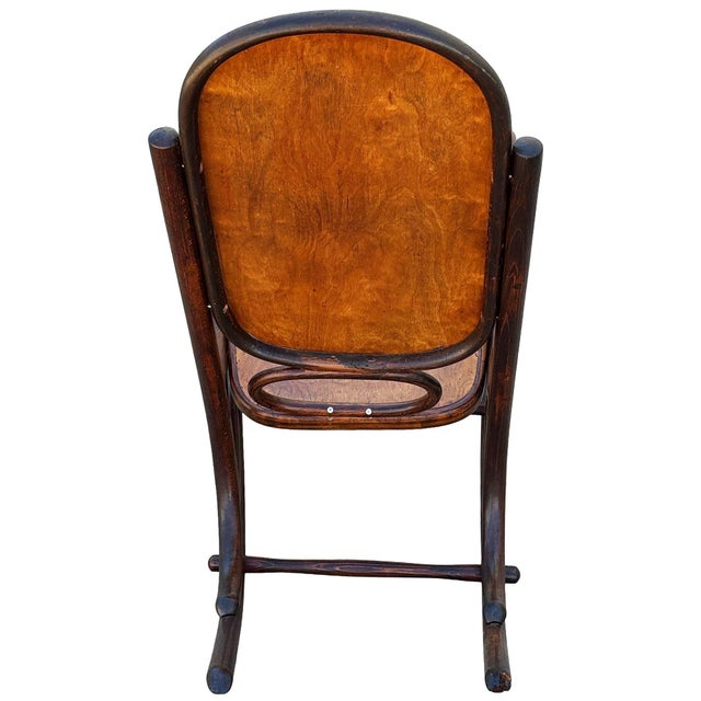 Late Victorian Oak Scrolling Rocking Chair W/ Art Nouveau Branded Seat, Fischel For Sale - Image 4 of 8