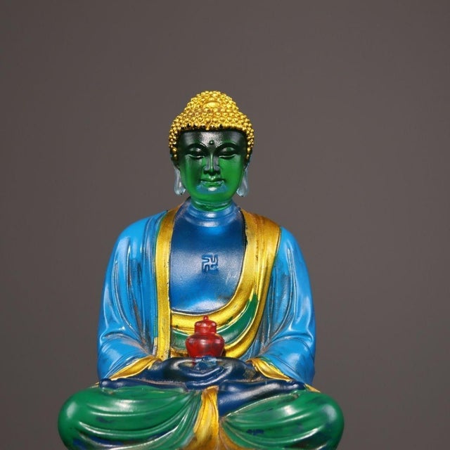 Metal Late 20th Century Gilt Painted Liuli Glass Seated Shakyamuni Buddha Sculpture on Lotus Base For Sale - Image 7 of 9