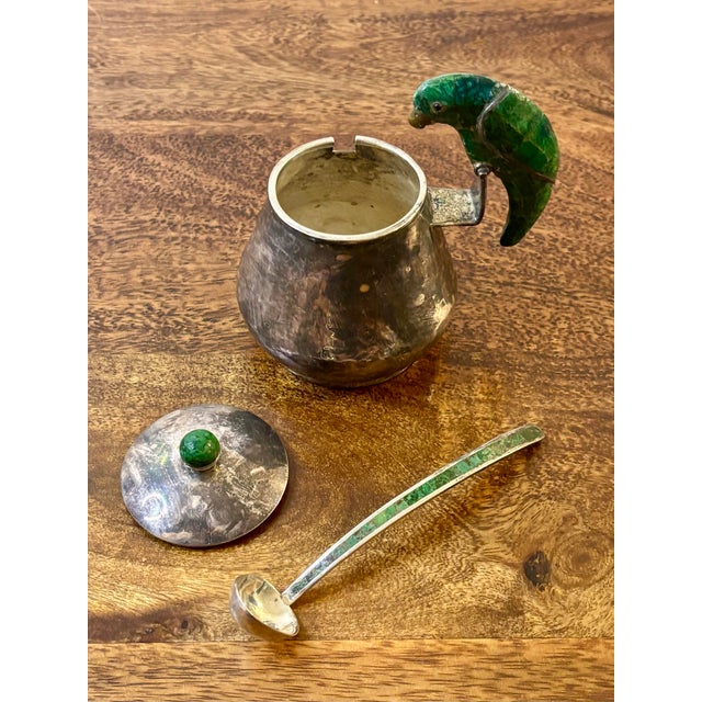 Silver Vintage Los Castillo Silver Plate Parrot Sugar Dish, Malachite Stone For Sale - Image 8 of 11