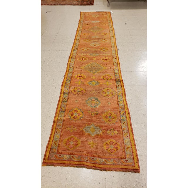 Antique Oushak Runner, Turkish Oriental Rug, Handmade Peach, Yellow, Light Blue For Sale - Image 14 of 15