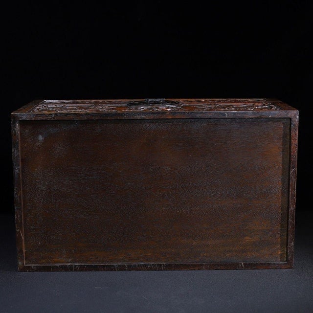 Brown Pair of Huali Rosewood Nesting Boxes Carved With Landscape & Poetry For Sale - Image 8 of 9