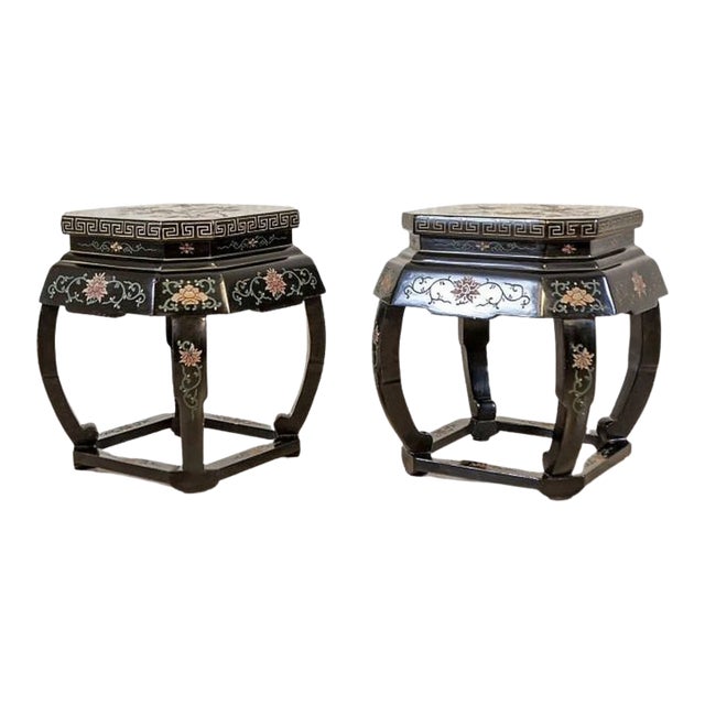 Early 20th Century Black Lacquered Chinese Garden Stools/Side Tables—A Pair For Sale