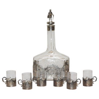 Victorian Silver and Engraved Crystal Decanter With Cordial Cups For Sale