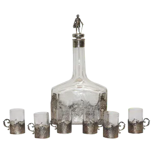 Victorian Silver and Engraved Crystal Decanter With Cordial Cups