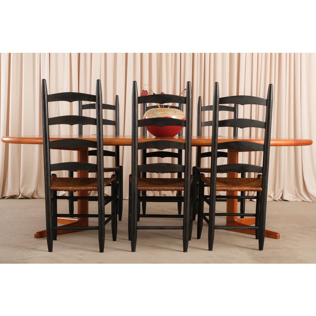 Set of 6 Antique Shaker Ladder Back Dining Chairs | Ebonized Wood, Hand-Woven Rush Seats For Sale In Chicago - Image 6 of 14