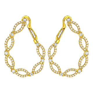 Mid 20th Century Pair of 14k Yellow Gold Diamond Hoop Earrings French Clip Estate For Sale