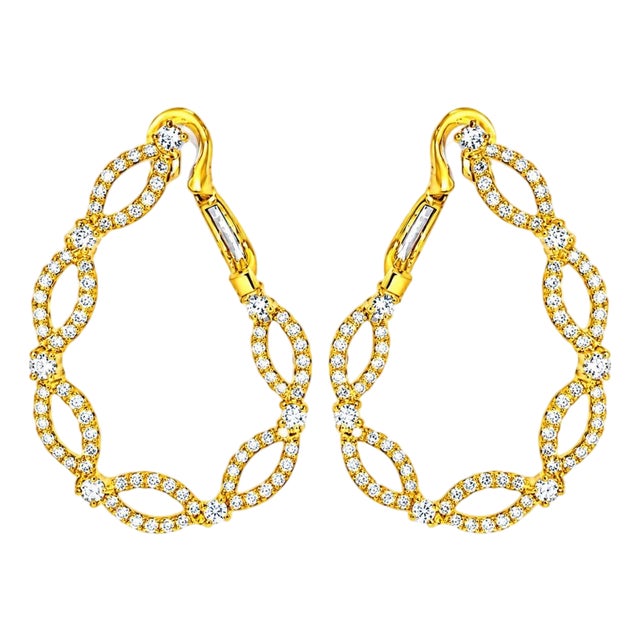 Mid 20th Century Pair of 14k Yellow Gold Diamond Hoop Earrings French Clip Estate For Sale
