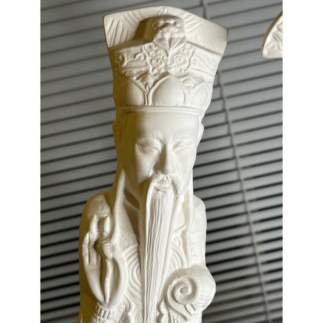Mid 20th Century Vintage 22" Chinese Emperor & Empress Chalkware Statues - White Mid Century, A Pair For Sale - Image 5 of 17