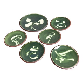 Vintage Kyo Yaki Plate Set with Calligraphy, 1960s, Set of 6 For Sale