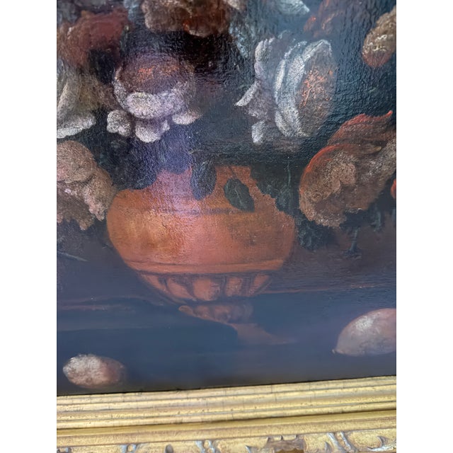 18th Century Neapolitan School Floral & Fruit Still Life Oil Painting in Monumental Gilt Frame - Unsigned For Sale - Image 9 of 13