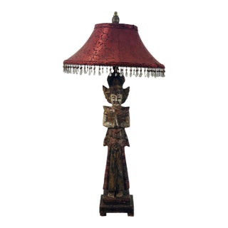 Vintage Asian Carved Wood Lamp For Sale