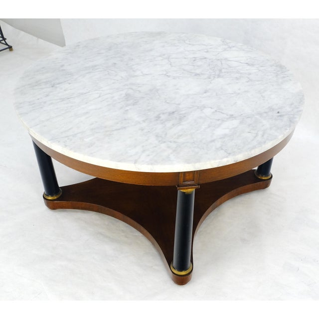 Round Marble Top Neoclassical Black Lacquer Pedestal Style Leg Coffee Table For Sale - Image 13 of 13