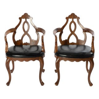Pair of Italian Walnut Venetian Rococo Style Leather Armchairs For Sale