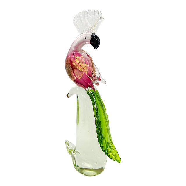 Vintage Alfredo Barbini Style Pink, Green, and Gold Aventurine Cockatoo Bird Figurine For Sale
