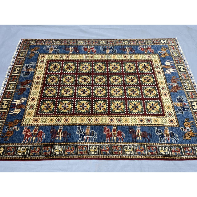 2000 - 2009 Pictorial Sultani Wool Rug With Horse Border, Blue and Cream, 4'11" X 6'7" For Sale - Image 5 of 15