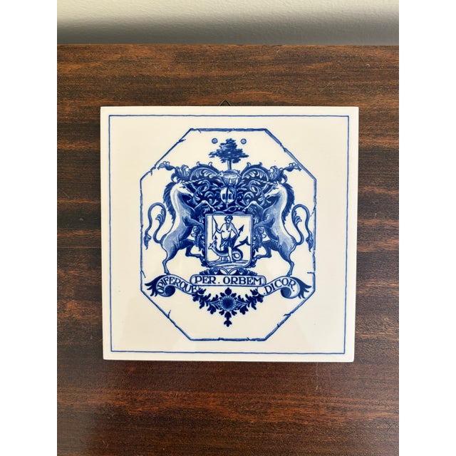 Dutch Delft Blue and White Porcelain Tiles With Heraldic Coat of Arm, Set of 9 For Sale - Image 10 of 15
