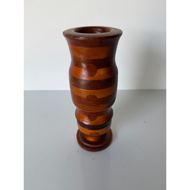 Mid-Century Modern 1980’s Vintage Turned Wood Inlaid Decorative Vase For Sale - Image 3 of 9