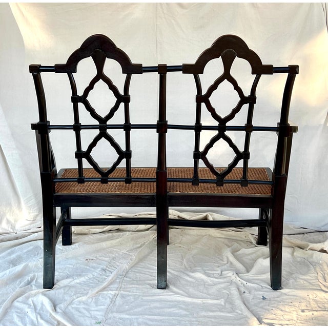 Late 20th Century Late 20th Century A Chinese Chippendale Style Ebonized Bench With Hand Caned Seats For Sale - Image 5 of 6