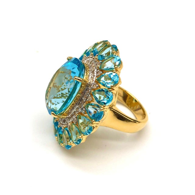 Gemstone Bochic "Capri" Natural Oval Shape Blue Topaz & Diamond Set In 18K Gold & Silver For Sale - Image 7 of 18