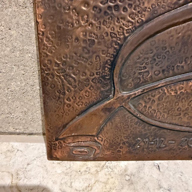 AMBIANIC presents 1980s Abstract Hand Hammered Copper Enamel Wall Art Signed, we are unable to read signature. 11.75 x...