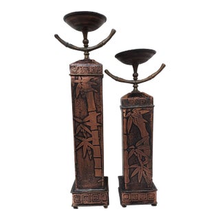 Large Copper Bamboo Design Candle Holders - a Pair For Sale