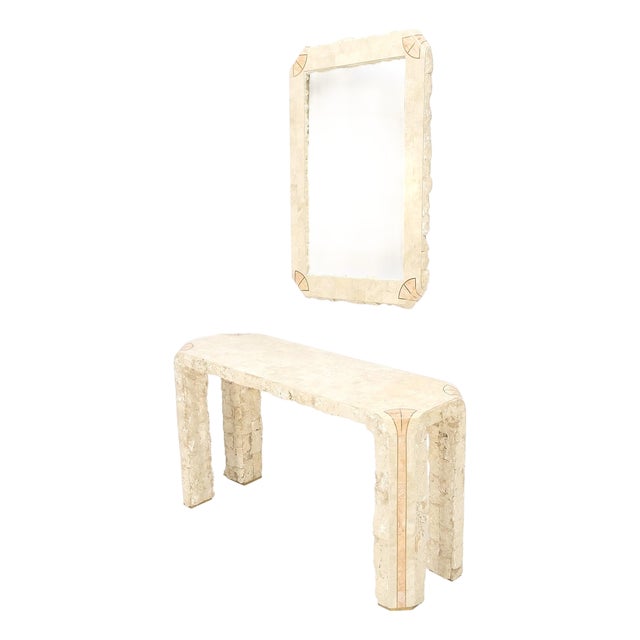 Tesselated Stone Marble Brass Inlaid Console Sofa Entry Hall Table w/ Mirror For Sale