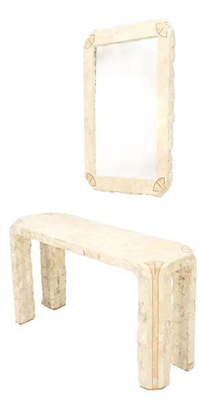 Tesselated Stone Marble Brass Inlaid Console Sofa Entry Hall Table w/ Mirror