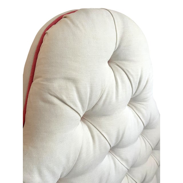 Custom Upholstered Twin Headboards in Ivory Canvas With Pink Contrast Welt Scalloped Silhouette Coastal Hollywood Regency For Sale In Jacksonville, FL - Image 6 of 15