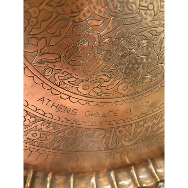 Mediterranean Copper Tray- Vintage 1952 Solid Copper Hand-Etched Tray From Athens, Greece – 14″ Mid-Century Decorative Art For Sale - Image 3 of 7