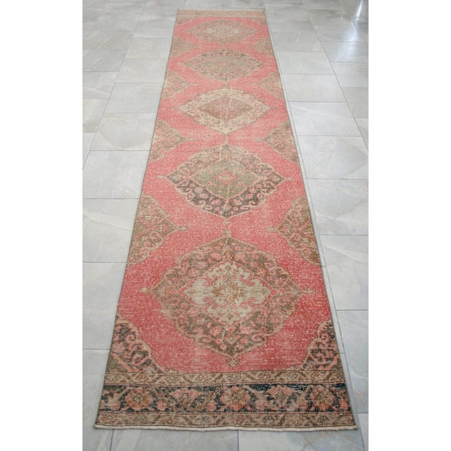 Distressed Oushak Runner Rug Faded Colors Low Pile Pink Hallway Decor - 2'9″x 12'3″ For Sale - Image 6 of 13